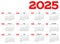 Year 2025 one page month grid calendar, multi colored on white background. Vector template. Annual agenda table. All
