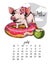 Year calendar with pig. Monthly illustration. Hand drawn piglet with donut float, coconut coctail, flower. July, summer