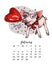 Year calendar with pig. Monthly illustration. Hand drawn piglet with heart air baloon, glasses. February. Valentine day