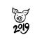 Year of the Pig 2019. Card with cute piglet head and 2019.