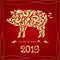 year of the pig. Happy new year. Vector illustration. Image of a golden pig on a red background.