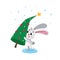 Year of rabbit zodiac. Hare holds christmas tree. Christmas, chinese new year illustration.