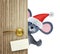 Year of the Rat. Happy New Year 2020. Banner, flyer, postcard. Mouse near the door isolated on white. 3d render