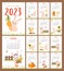 Yearly calendar 2023 with cute bunny farmer gardener. Printable planner, organizer 12 vertical A4 monthly page templates