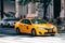 Yelllow taxi speeding up in Fifth Avenue in New York