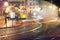 Yellow 28 tram in Alfama at night, Lisbon, Portugal