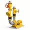 Yellow 3d model of an industrial pump and pipe section with shut off valves on a white isolated background. 3d