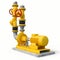 Yellow 3d model of an industrial pump and pipe section with shut off valves on a white isolated background. 3d