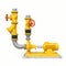 Yellow 3d model of an industrial pump and pipe section with shut off valves on a white isolated background. 3d