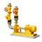 Yellow 3d model of an industrial pump and pipe section with shut off valves on a white isolated background. 3d