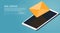 Yellow 3d vector mail icon and smartphone. Isometric email sending illustration. Mailing letters service concept
