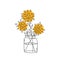 Yellow Abstract Flowers. Chrysanthemums in a Glass Vase. Doodle style, thin line. Flat cartoon Vector illustration.