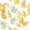 Yellow acacia mimosa background, seamless pattern. Watercolor floral design. Tileable background for textile, wrapping