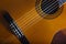 Yellow acoustic classic spanish guitar Popular music tune and song design banner. Close up, cropped and top view