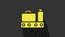 Yellow Airport conveyor belt with passenger luggage, suitcase, bag, baggage icon isolated on grey background. 4K Video