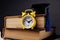 Yellow alarm clock, graduation cap and books on table. Education concept