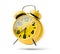 Yellow alarm clock rings in the morning on white background. Time to wake up