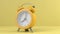 Yellow alarm clock on a yellow background. The arrows of the yellow alarm clock rotate. Camera movement along. 3d render..