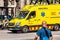 Yellow Ambulance car rushing on the street in Barcelona