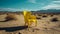Yellow armchair in the middle of the surrealistic desert. AI generated