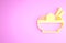 Yellow Asian noodles in bowl and chopsticks icon isolated on pink background. Street fast food. Korean, Japanese