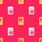 Yellow ATM - Automated teller machine and money icon isolated seamless pattern on red background. Vector
