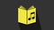 Yellow Audio book icon isolated on grey background. Musical note with book. Audio guide sign. Online learning concept