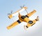 Yellow autonomous flying drone taxi flying in the sky