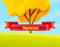 Yellow autumn tree, green field on blue background. Advertising lettering Autumn special offer