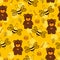 Yellow background with cute bear, bee, honey, flowers and heart.