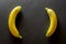 Yellow background design. Bananas isolated on black with copy space. View from above.