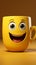 Yellow background hosts adorable coffee cup character, smiling Room for customization