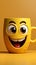 Yellow background hosts adorable coffee cup character, smiling Room for customization