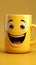 Yellow background hosts adorable coffee cup character, smiling Room for customization