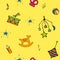 Yellow background pattern with kids toys and feeding bottle, stars and sheet music, balls and drum, horse.