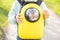 Yellow backpack with a transparent window porthole for walking and carrying cats. Concept of a hiking with pet in park or