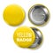 Yellow Badge Mockup Vector. Pin Brooch Yellow Button Blank. Two Sides. Front, Back View. Branding Design 3D Realistic