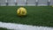 Yellow balls on artificial grass of indoor football field