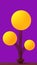 Yellow balls flying from spring on a bright purple background. 3D rendering. Blank for design. Layout. Place for logo or text.