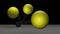 Yellow balls on springs on a dark gray background. 3D rendering. Blank for design. Layout. Place for logo or text. Abstraction.