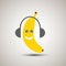 Yellow banana emoji listening to music with headset. Emoticon for apps. Banana fruit yellow happy smiley face with headset and mu