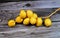 Yellow Barhi dates, botanically classified as Phoenix dactylifera, fruits of a date palm belonging to the Arecaceae family, native