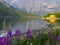 yellow barn on the edge of the fjord, reflections