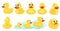 Yellow bath duck. Rubber water toys for kids shower room games with duck vector cute characters