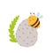 Yellow bee on gray easter egg. Green leaf. Simple flat cartoon style. Cute and funny. Graphic elements. Nature and ecology. Holida