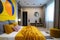 Yellow and beige color bedroom interior, traditional hotel bedroom in vivid colors, trendy 2024 interior decor