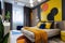 Yellow and beige color bedroom interior, traditional hotel bedroom in vivid colors, trendy 2024 interior decor