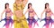 Yellow bellydancer hands up with group girls