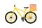 Yellow bicycle with a basket in which the package is located on white background. No-contact food delivery riding vector