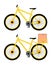 Yellow bicycle with a basket in which there are boxes of pizza on white background. No-contact food delivery riding